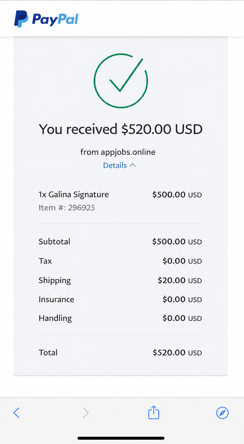 PayPal receipt — you received $520.00 USD from appjobs.online